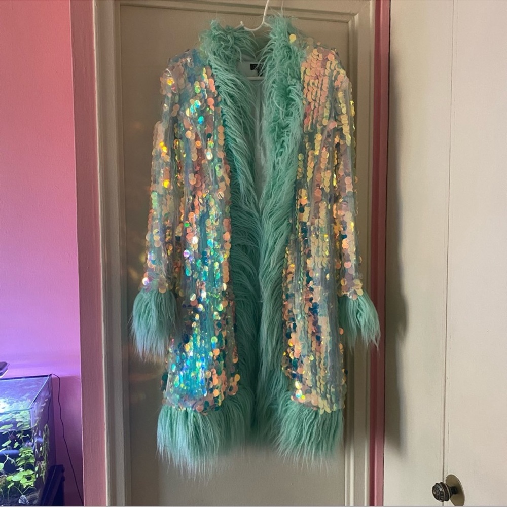 Dollskill / Club Exx iridescent sequin long fur coat with faux fur